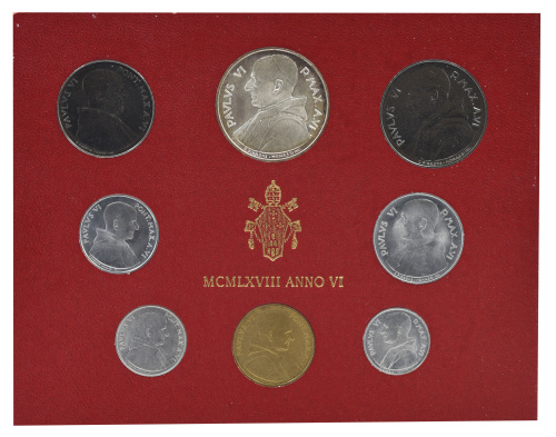фото Ватикан набор из 8 монет 1968 AU-UNC 1, 2, 5, 10, 20, 50, 100, 500 (серебро) лир