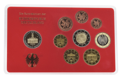 фото Германия набор из 9 монет евро 2009 UNC G 1, 2, 5, 10, 20, 50 евроцентов, 1, 2 евро, памятная 2 евро Блистер