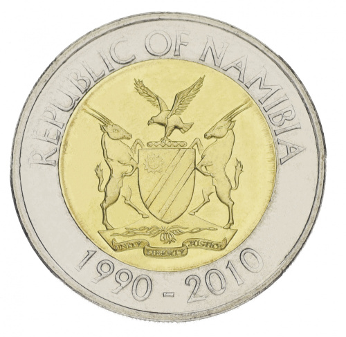 фото Намибия 10 долларов 2010 Биметалл UNC 20 лет Банку Намибии