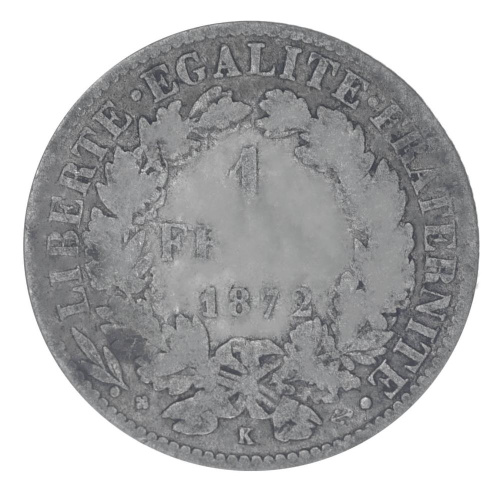 фото Франция 1 франк 1872 Серебро F-VF