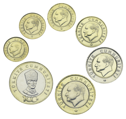 фото Турция набор из 7 монет 2023-2024 UNC 1, 5, 10, 25, 50 куруш, 1, 5 лир