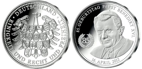 фото Германия Памятная медаль 2012 «85 лет Папе Бенекдикту XVI» Серебро UNC
