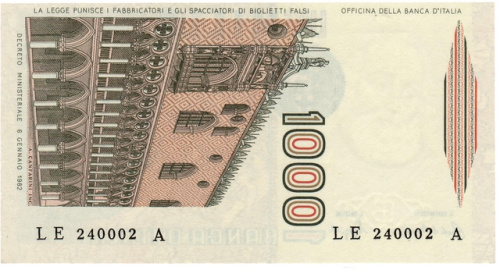фото Италия 1000 лир 1982 UNC (P109)