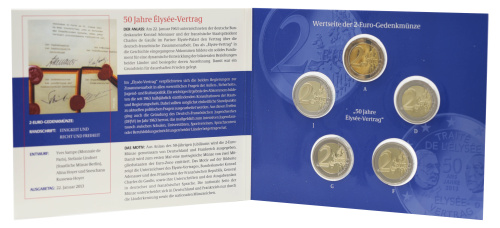 фото Германия набор монет евро 2013 A, D, F, G, J «Елисейский договор» UNC все монетные дворы (5 штук)