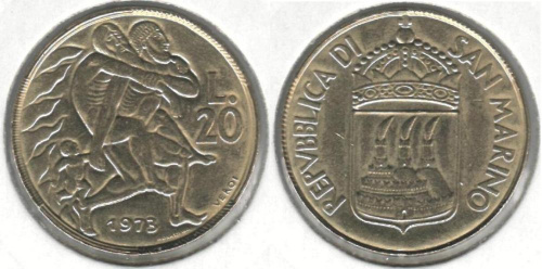 фото Сан-Марино 20 лир 1973 VF (KM#26)