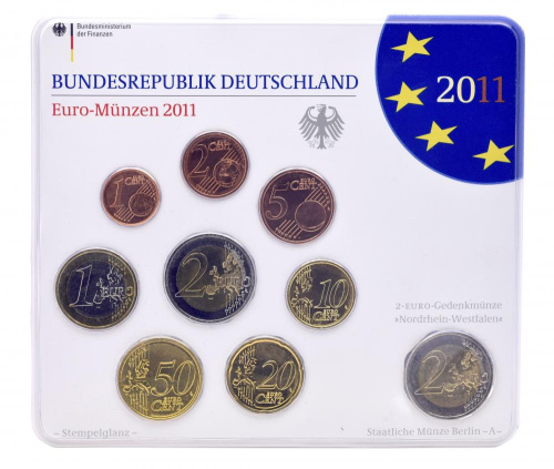 фото Германия набор из 9 монет евро 2011 UNC A 1, 2, 5, 10, 20, 50 евроцентов, 1, 2 евро, памятная 2 евро Блистер