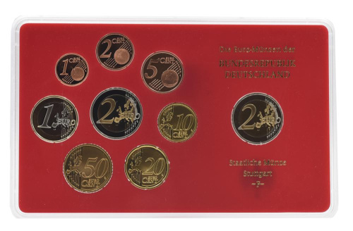 фото Германия набор из 9 монет евро 2008 UNC F 1, 2, 5, 10, 20, 50 евроцентов, 1, 2 евро, памятная 2 евро Блистер