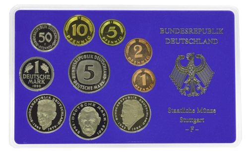 фото Германия набор из 10 монет 1990 Proof F 1, 2, 5, 10, 50 пфеннигов, 1, 2, 2, 2, 5 марок в сувенирной упаковке