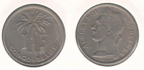 фото Конго Бельгийское 1 франк 1924 VF (km#20)