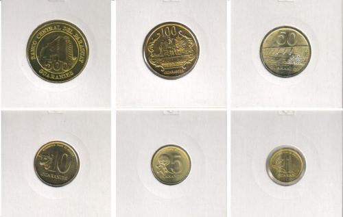 фото Парагвай набор из 6 монет 1990-2002 UNC 1, 5, 10, 50, 100, 500 гуарани