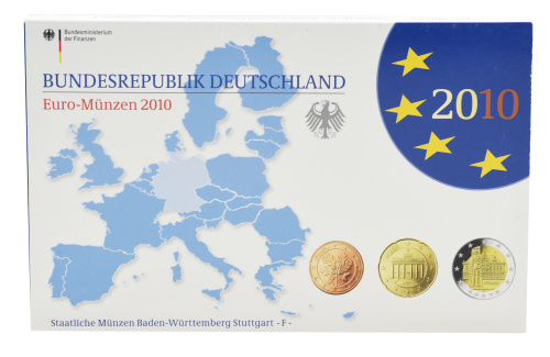 фото Германия набор из 9 монет евро 2010 UNC F 1, 2, 5, 10, 20, 50 евроцентов, 1, 2 евро, памятная 2 евро Блистер