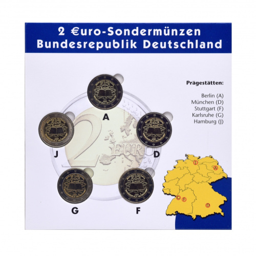 фото Германия набор из 5 монет по 2 евро 2007 A, D, F, G, J «Римский договор» UNC в сувенирной упаковке