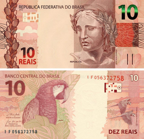 фото Бразилия 10 реал 2010 (2019) UNC Попугай (P254e)