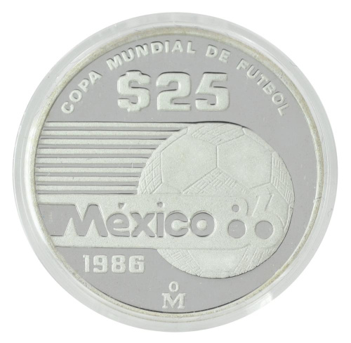 фото Мексика 25 песо 1986 Серебро Proof Чемпионат мира по футболу в Мексике в 1986 году - Надпись на мяче