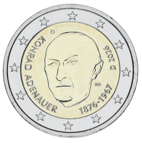 фото Германия 2 евро 2026 Биметалл UNC D Конрад Аденауэр