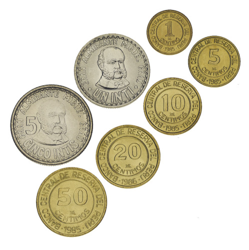 фото Перу набор из 7 монет 1985-1988 VF-AU 1, 5, 10, 20, 50 сентим, 1, 5 интис