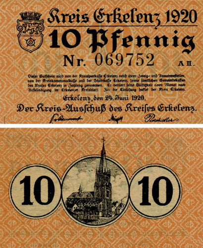 фото Германия Нотгельд  10 пфеннигов 1920  F-VF Эркеленц
