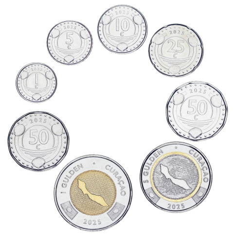 фото Кюрасао набор из 8 монет 2025 UNC 1, 5, 10, 25, 50, 50 центов, 1, 5 гульденов