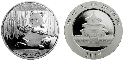 фото Китай 10 юань 2017 Серебро UNC Панда (Ag 999, унция, 31.1 грамм)