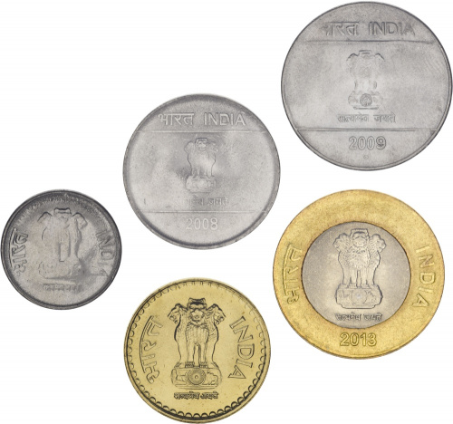 фото Индия набор из 5 монет 2008-2009 UNC 50 пайса, 1, 2, 5, 10 рупий