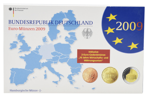 фото Германия набор из 9 монет евро 2009 UNC J 1, 2, 5, 10, 20, 50 евроцентов, 1, 2 евро, памятная 2 евро Блистер