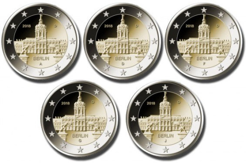 фото Германия набор из 5 монет по 2 евро 2018 A, D, F, G, J «Берлин» UNC