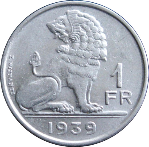 фото Бельгия 1 франк 1939 F-VF Лев (KM#119)