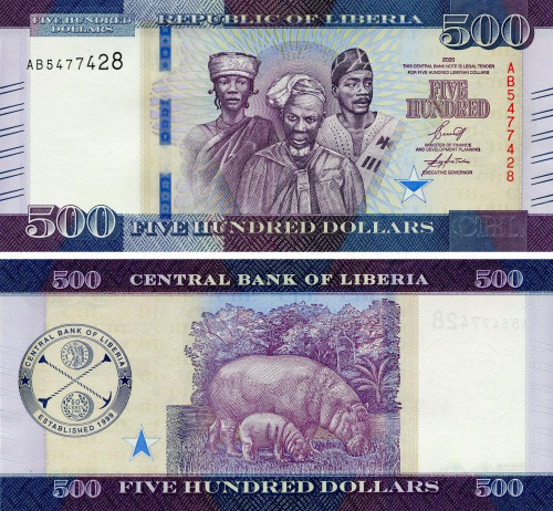 фото Либерия 500 долларов 2020 UNC Бегемот Гиппопотам (Pnew)