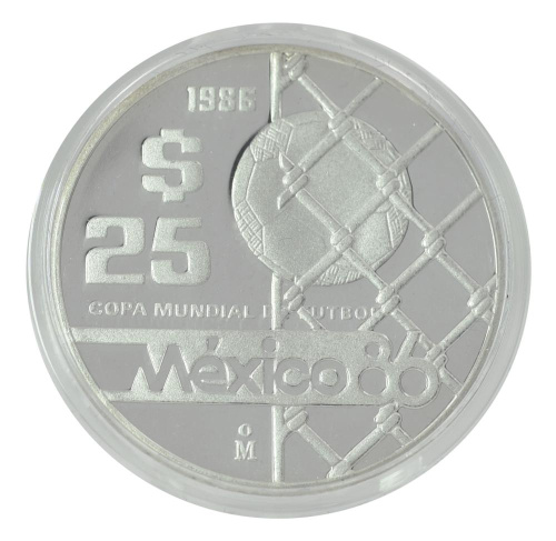 фото Мексика 25 песо 1986 Серебро Proof Чемпионат мира по футболу в Мексике в 1986 году - Мяч в воротах