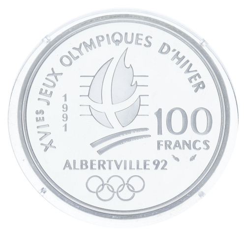 фото Франция 100 франков 1991 Серебро Proof Зимние Олимпийские игры 1992 - Прыжки на лыжах с трамплина