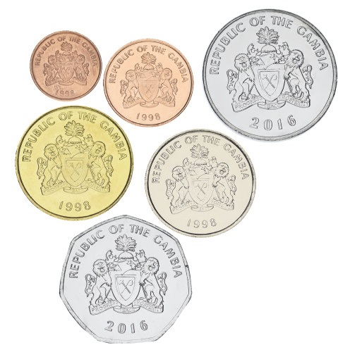 фото Гамбия набор из 6 монет 1998-2016 UNC 1, 5, 10, 25, 50 бутутов, 1 даласи