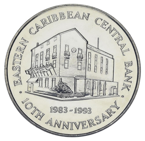 фото Восточные Карибы 2 доллара 1993 UNC 10 лет Центральному банку
