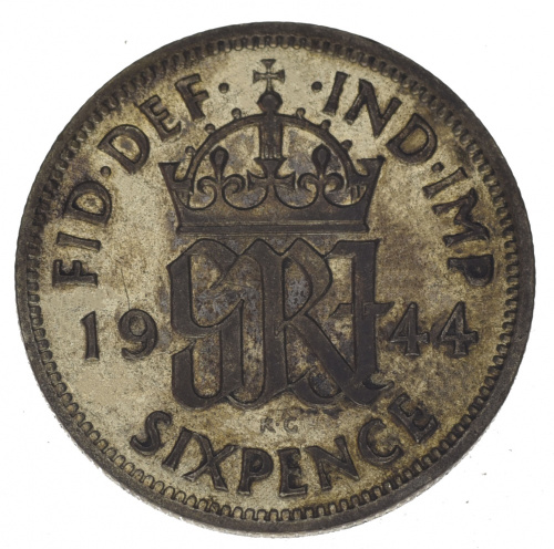 фото Великобритания 6 пенсов 1944 Серебро F-VF (Ag 500, 2,83 грамма)