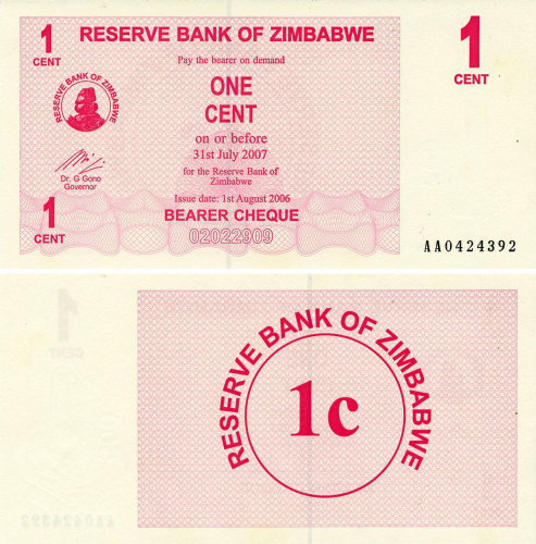 фото Зимбабве 1 цент 2006 UNC Bearer Cheque (P33)