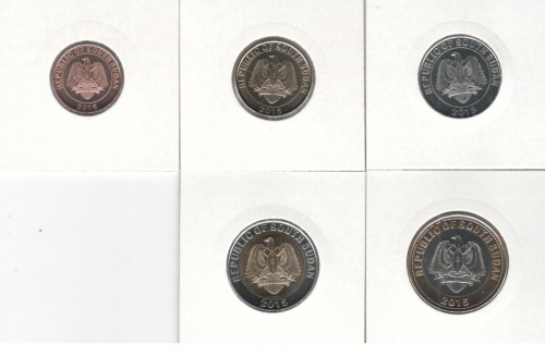 фото Южный Судан набор из 5 монет 2015 UNC 10, 20, 50 пиастров, 1, 2 фунта