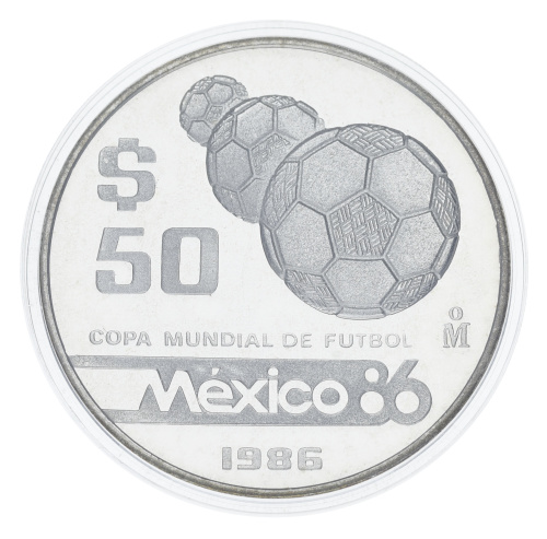 фото Мексика 50 песо 1986 Серебро Proof Чемпионат мира по футболу в Мексике в 1986 году - Мячи