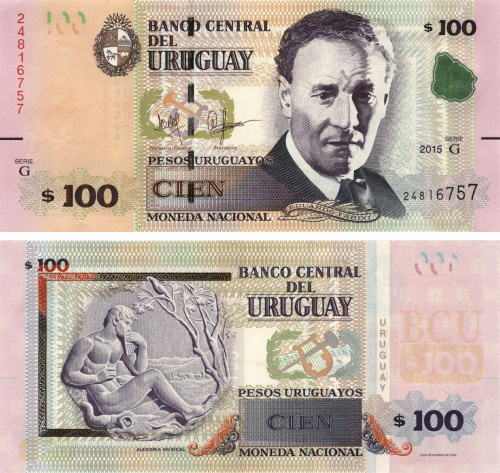 фото Уругвай 100 песо 2015 UNC серия G (P95)