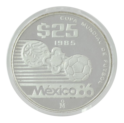 фото Мексика 25 песо 1985 Серебро Proof Чемпионат мира по футболу в Мексике в 1986 году - Иероглифы и мяч