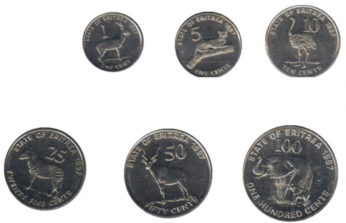 фото Эритрея набор из 6 монет 1997 UNC Животные 1, 5, 10, 25, 50, 100 центов