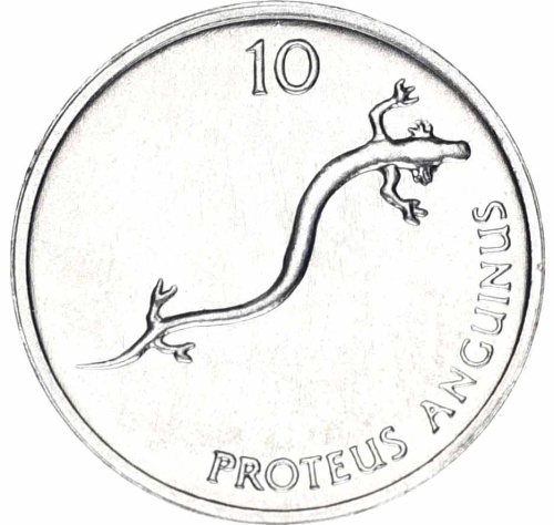 фото Словения 10 стотинов 1993 AU-UNC Ящерица