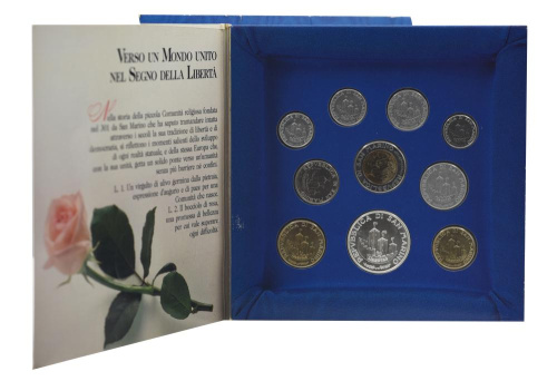фото Сан-Марино набор из 10 монет 1993 UNC 1, 2, 5, 10, 20, 50, 100, 200, 500, 1000 лир (серебро)