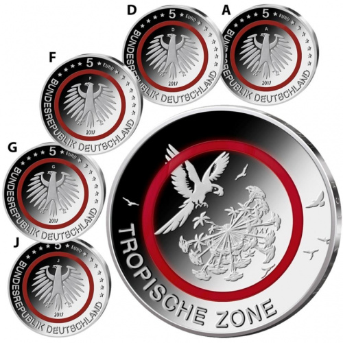 фото Германия набор из 5 монет по 5 евро 2017 UNC A, D, F, G, J «Тропическая зона»