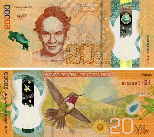 фото Коста-Рика 20000 колонов 2018 (2020) Полимер UNC Птица - Колибри (PW284)