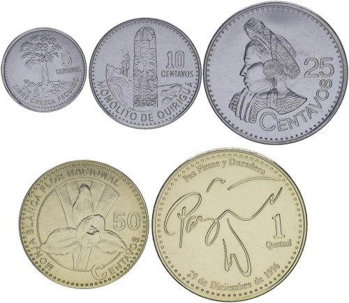 фото Гватемала набор из 5 монет 2012-2019 UNC 5, 10, 25, 50 сентаво, 1 кетцаль