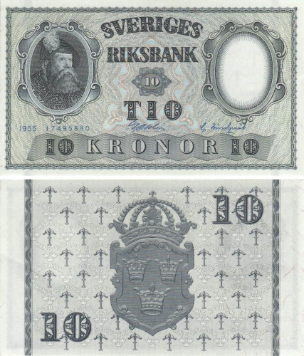 фото Швеция 10 крон 1955 UNC (P43c)