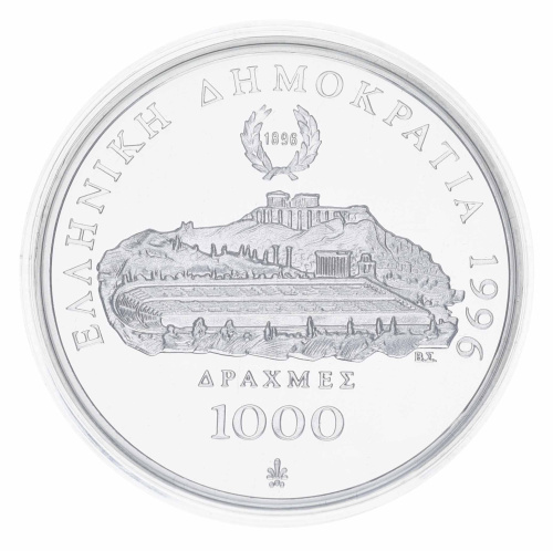 фото Греция 1000 драхм 1996 Серебро Proof 100 лет Олимпийским играм - Бег (Ag 925, 33,63 грамма)