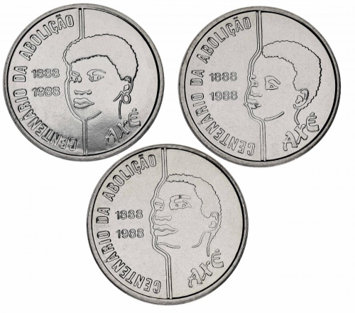 фото Бразилия набор из 3 монет по 100 крузадо 1988 UNC 100 лет отмены рабства (KM#608-610)