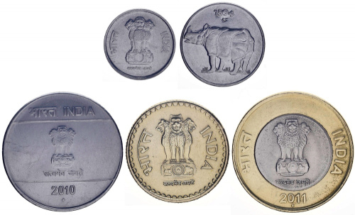 фото Индия набор из 5 монет 1990-2011 F-VF 10, 25 пайса, 2, 5, 10 рупий
