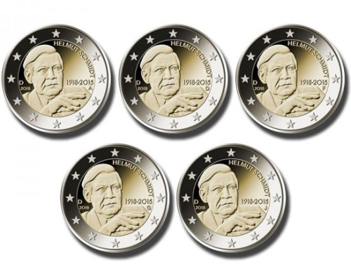фото Германия набор из 5 монет по 2 евро 2018 A, D, F, G, J «Гельмут Шмидт» UNC