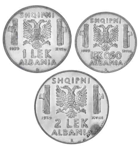 фото Албания набор из 3 монет 1939 F-VF 1/2, 1, 2 лек